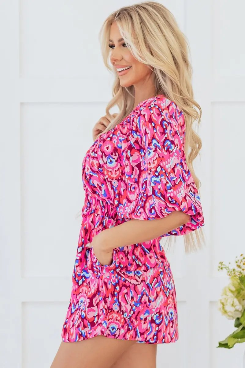 Pink Abstract Print Puff Sleeve V Neck High Waist Romper - Love Salve